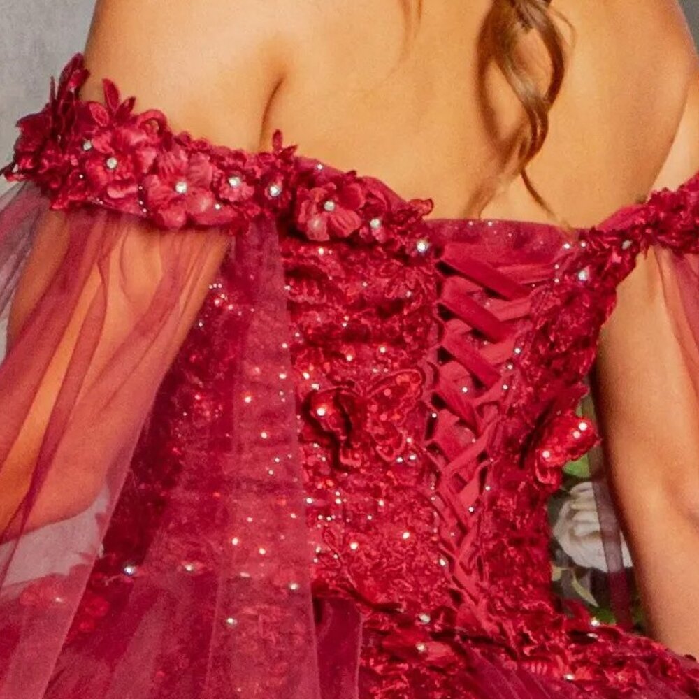 New Off Shoulder Butterfly Embellished Quinceanera Gown w/ Lace Up Back GL3181 - Picture 11 of 13